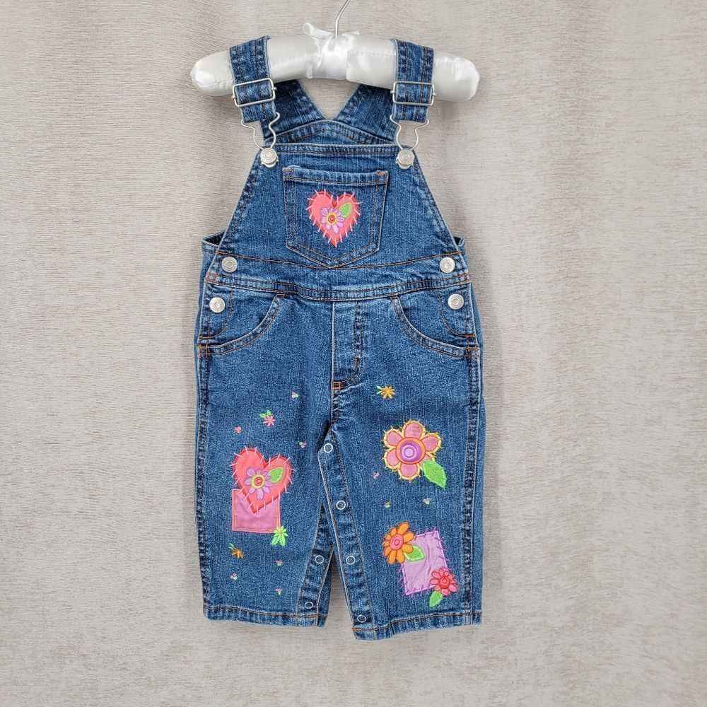 Flapdoodles Y2K Blue Denim Overalls with Colorful Heart Embroidered Patches